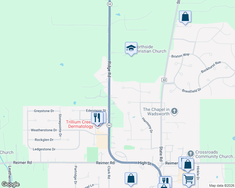 map of restaurants, bars, coffee shops, grocery stores, and more near 7809 Ohio 94 in Wadsworth
