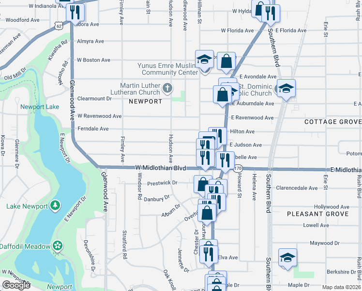 map of restaurants, bars, coffee shops, grocery stores, and more near 339 West Judson Avenue in Youngstown