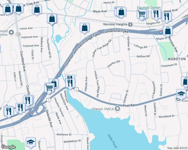 map of restaurants, bars, coffee shops, grocery stores, and more near 47 Hollow Tree Ridge Road in Darien