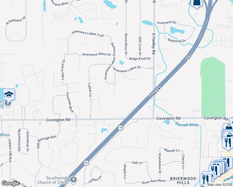 map of restaurants, bars, coffee shops, grocery stores, and more near 2411 Lake Ridge Drive in Fort Wayne