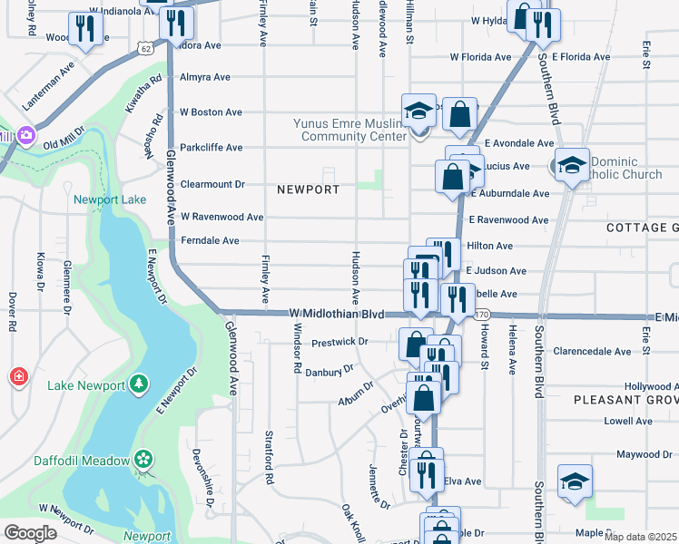map of restaurants, bars, coffee shops, grocery stores, and more near 419 West Judson Avenue in Youngstown