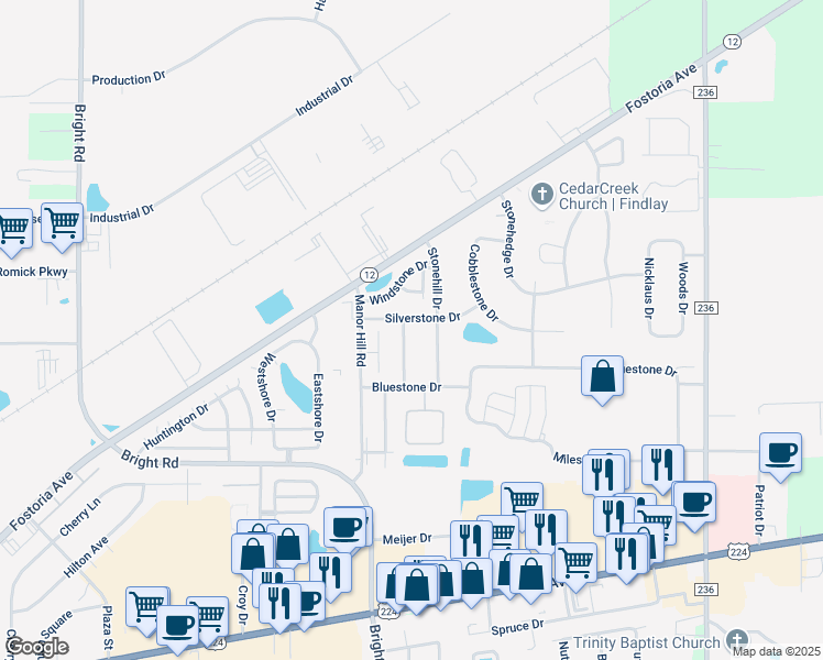 map of restaurants, bars, coffee shops, grocery stores, and more near 1817 Pebblestone Drive in Findlay