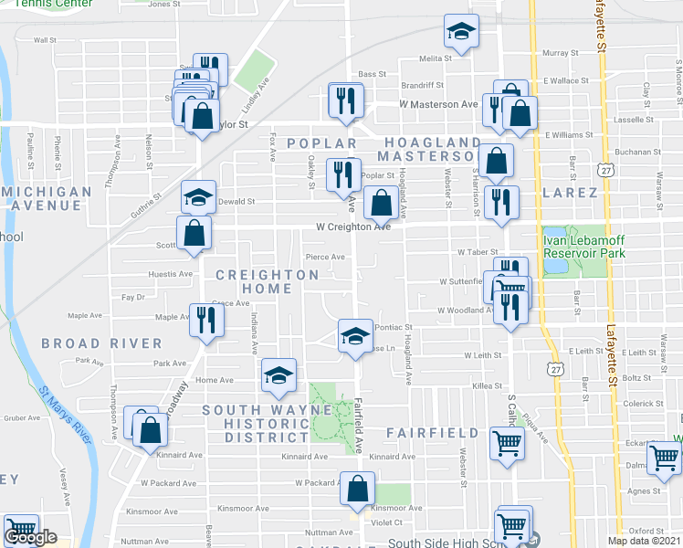 map of restaurants, bars, coffee shops, grocery stores, and more near 2424 Fairfield Avenue in Fort Wayne