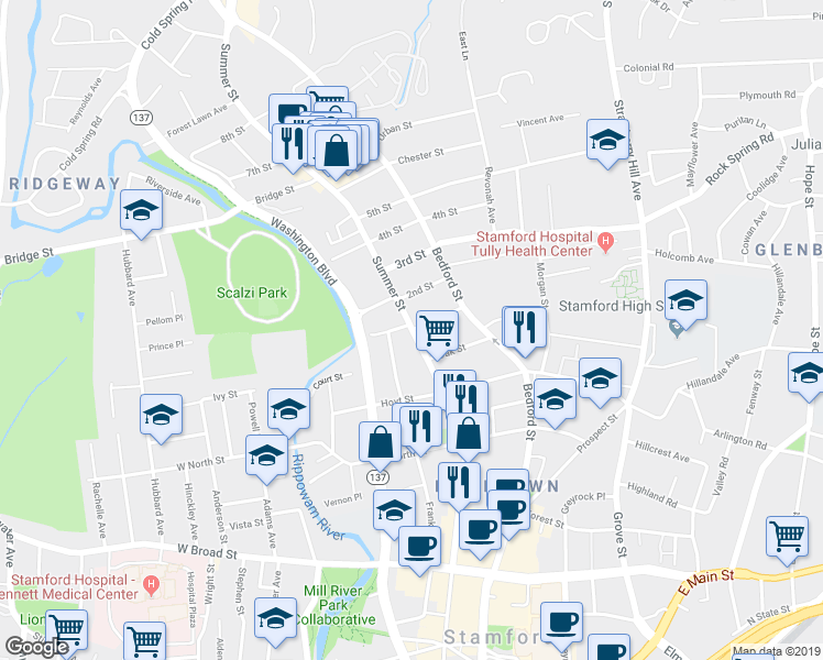 map of restaurants, bars, coffee shops, grocery stores, and more near 1394 Summer Street in Stamford