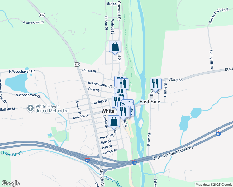 map of restaurants, bars, coffee shops, grocery stores, and more near 201 Main St in White Haven