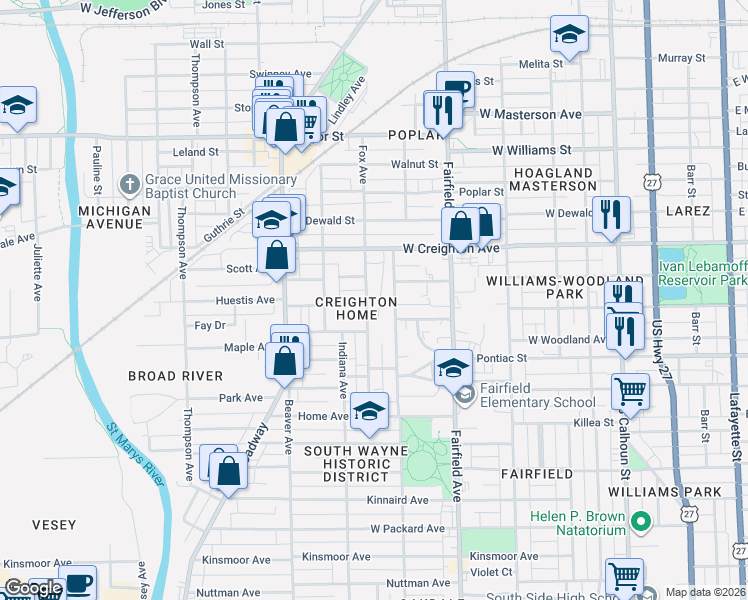 map of restaurants, bars, coffee shops, grocery stores, and more near in Fort Wayne