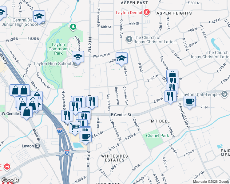 map of restaurants, bars, coffee shops, grocery stores, and more near 109 Beacon Ave in Layton