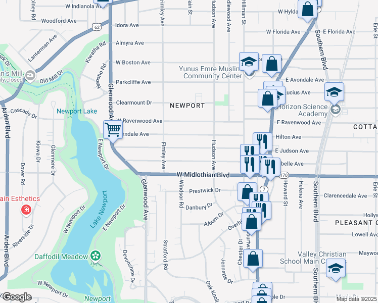 map of restaurants, bars, coffee shops, grocery stores, and more near 447 West Judson Avenue in Youngstown