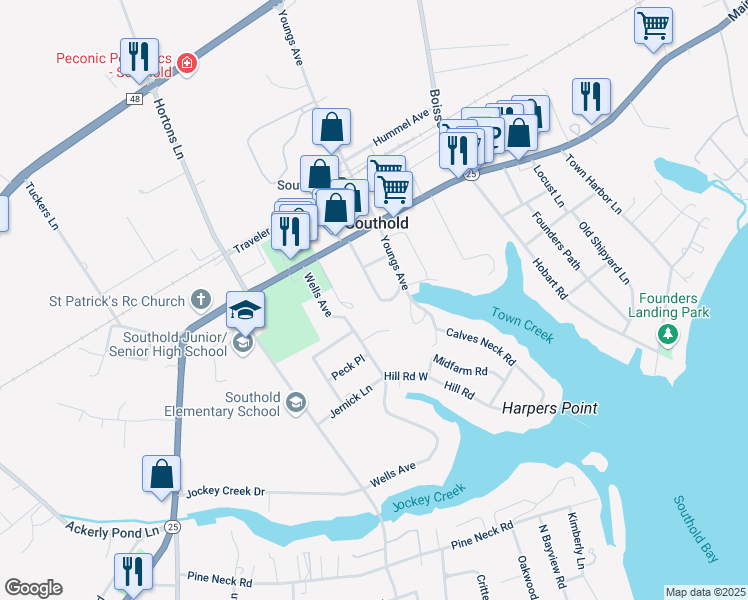 map of restaurants, bars, coffee shops, grocery stores, and more near 720 Mechanic Street in Southold