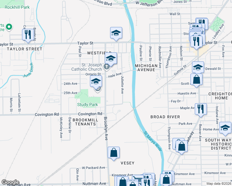 map of restaurants, bars, coffee shops, grocery stores, and more near 2431 Carlton Court in Fort Wayne