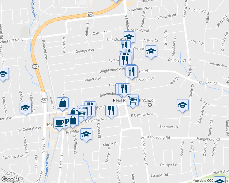 map of restaurants, bars, coffee shops, grocery stores, and more near 155 Braunsdorf Road in Pearl River