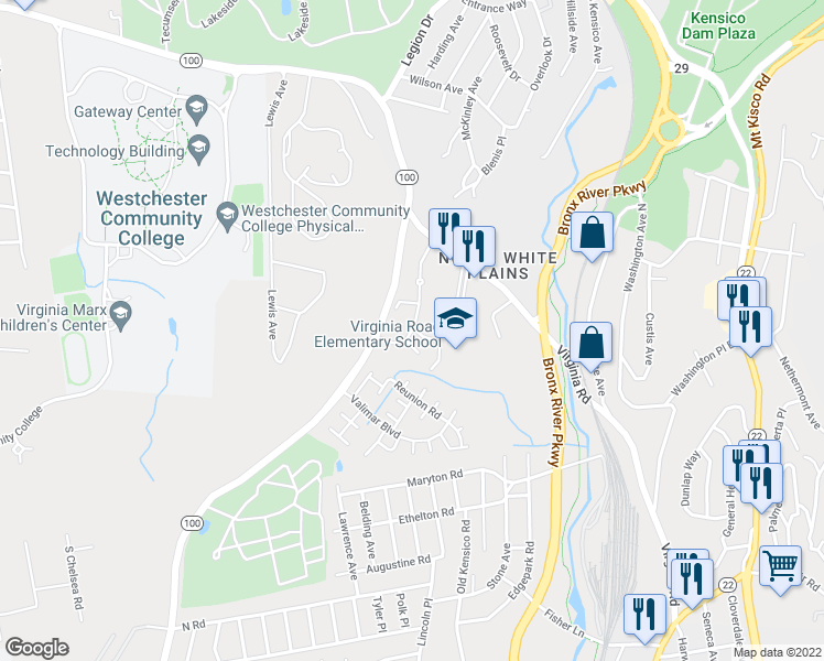 map of restaurants, bars, coffee shops, grocery stores, and more near 54 Lawrence Drive in White Plains