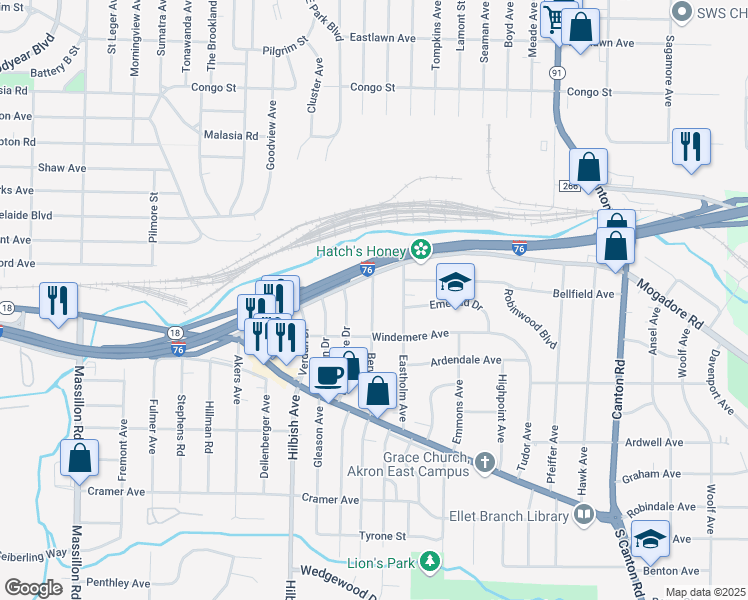 map of restaurants, bars, coffee shops, grocery stores, and more near 31 Berwyck Drive in Akron