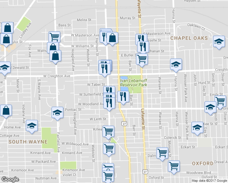 map of restaurants, bars, coffee shops, grocery stores, and more near 121 East Suttenfield Street in Fort Wayne