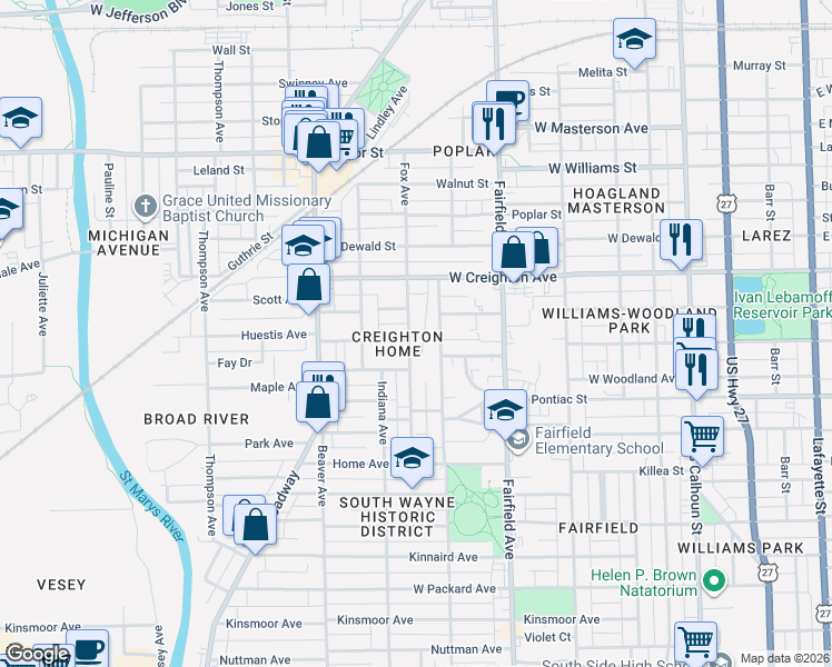 map of restaurants, bars, coffee shops, grocery stores, and more near in Fort Wayne