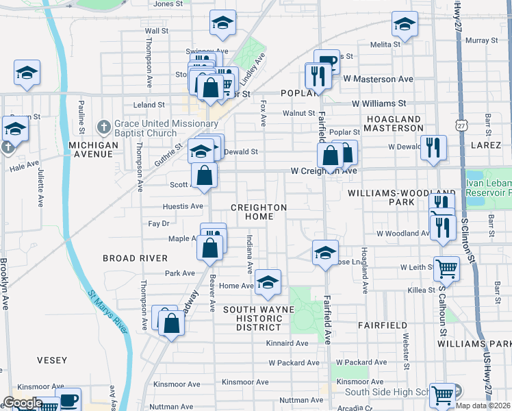 map of restaurants, bars, coffee shops, grocery stores, and more near in Fort Wayne