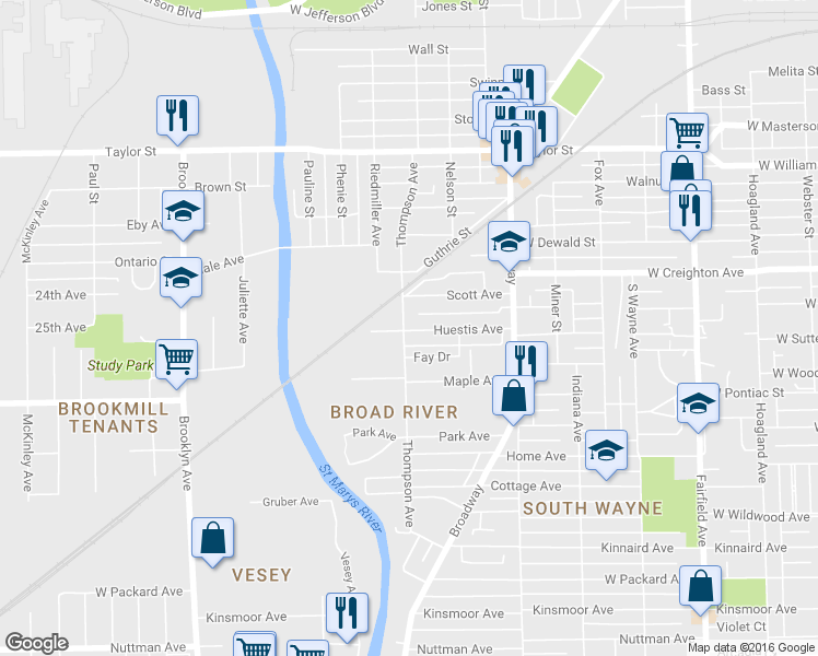 map of restaurants, bars, coffee shops, grocery stores, and more near 1360 Huestis Avenue in Fort Wayne