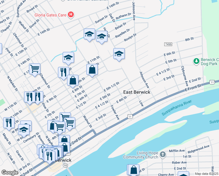 map of restaurants, bars, coffee shops, grocery stores, and more near 5th and a Half Street in Berwick