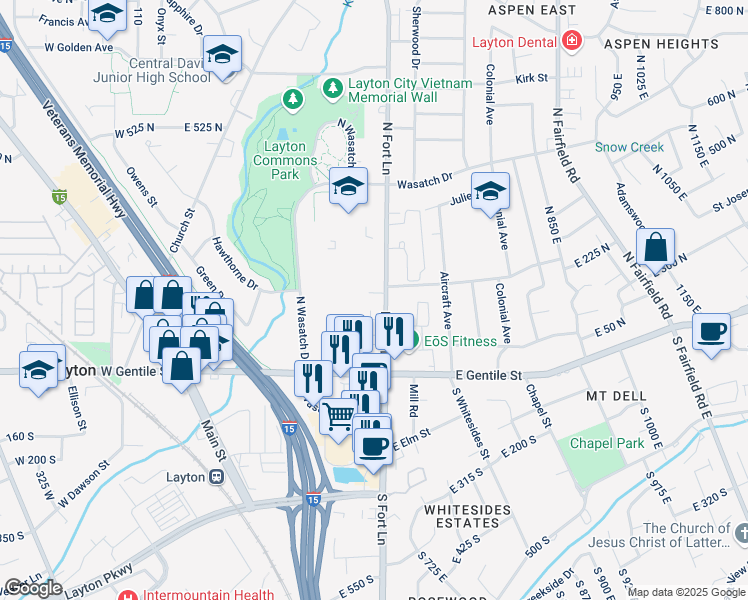 map of restaurants, bars, coffee shops, grocery stores, and more near 155 North Fort Lane in Layton