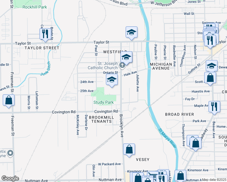 map of restaurants, bars, coffee shops, grocery stores, and more near 2414 Brooklyn Avenue in Fort Wayne