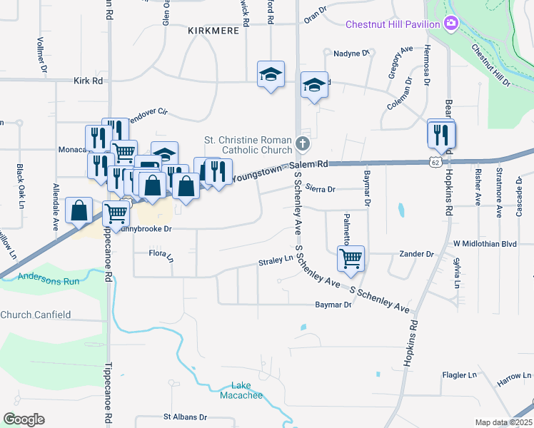 map of restaurants, bars, coffee shops, grocery stores, and more near 3783 Sunnybrooke Drive in Youngstown