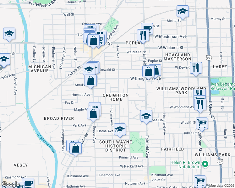map of restaurants, bars, coffee shops, grocery stores, and more near 804 Huestis Avenue in Fort Wayne