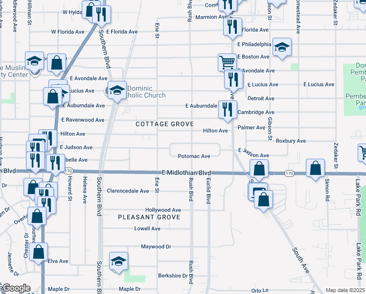 map of restaurants, bars, coffee shops, grocery stores, and more near 269 East Judson Avenue in Youngstown