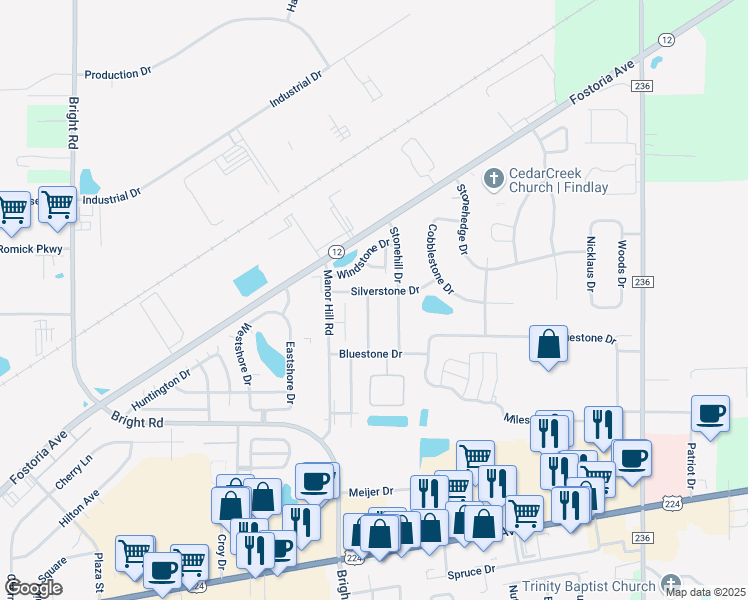 map of restaurants, bars, coffee shops, grocery stores, and more near 1817 Pebblestone Drive in Findlay