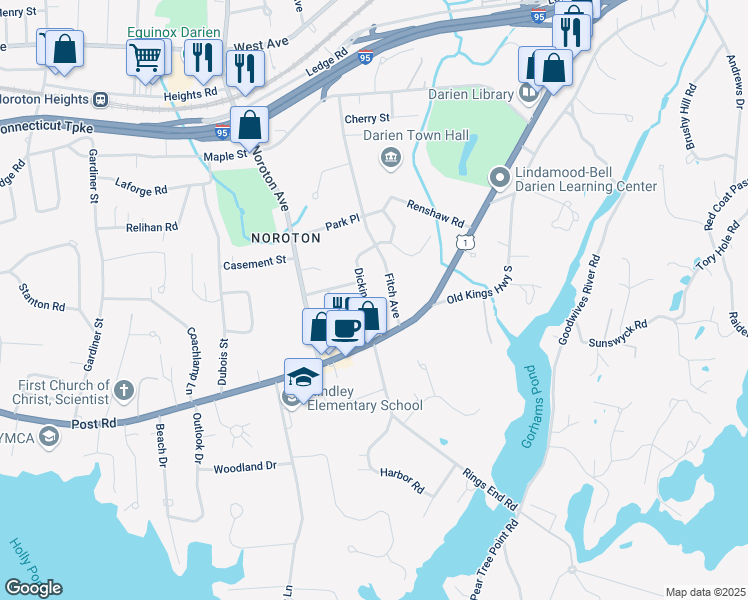 map of restaurants, bars, coffee shops, grocery stores, and more near 30 Dickinson Road in Darien