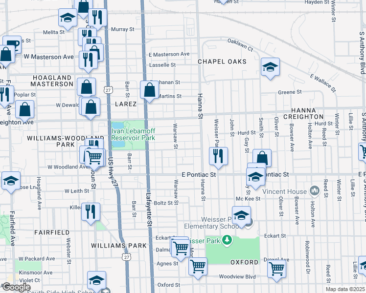 map of restaurants, bars, coffee shops, grocery stores, and more near 513 East Suttenfield Street in Fort Wayne