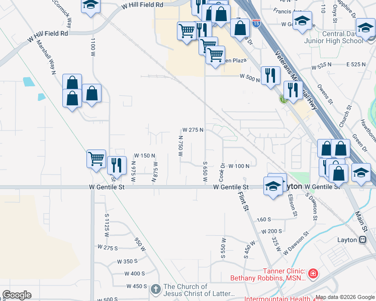 map of restaurants, bars, coffee shops, grocery stores, and more near 159 North 700 West in Layton