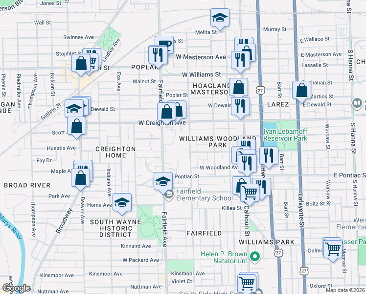 map of restaurants, bars, coffee shops, grocery stores, and more near 2430 Hoagland Avenue in Fort Wayne