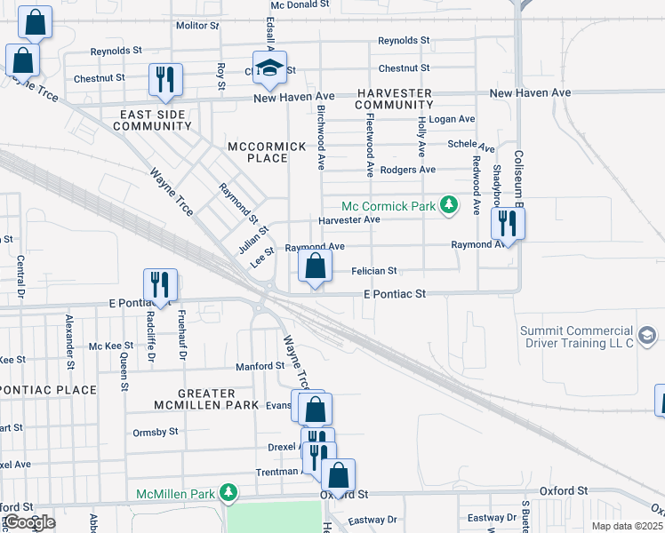 map of restaurants, bars, coffee shops, grocery stores, and more near 3209 Felician Street in Fort Wayne
