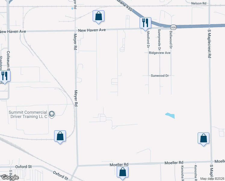 map of restaurants, bars, coffee shops, grocery stores, and more near 5125 Idlewood Drive in Fort Wayne