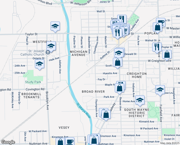 map of restaurants, bars, coffee shops, grocery stores, and more near 1432 Huestis Avenue in Fort Wayne