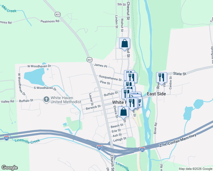 map of restaurants, bars, coffee shops, grocery stores, and more near 305 Wilkes Barre Street in White Haven