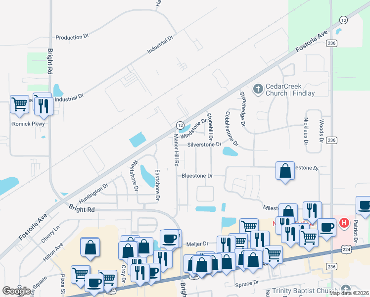map of restaurants, bars, coffee shops, grocery stores, and more near 1825 Hillstone Drive in Findlay