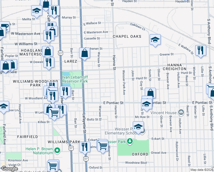map of restaurants, bars, coffee shops, grocery stores, and more near 525 East Suttenfield Street in Fort Wayne