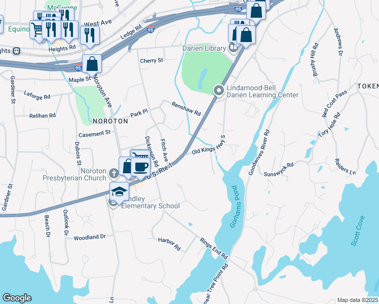 map of restaurants, bars, coffee shops, grocery stores, and more near 262 Old Kings Highway South in Darien