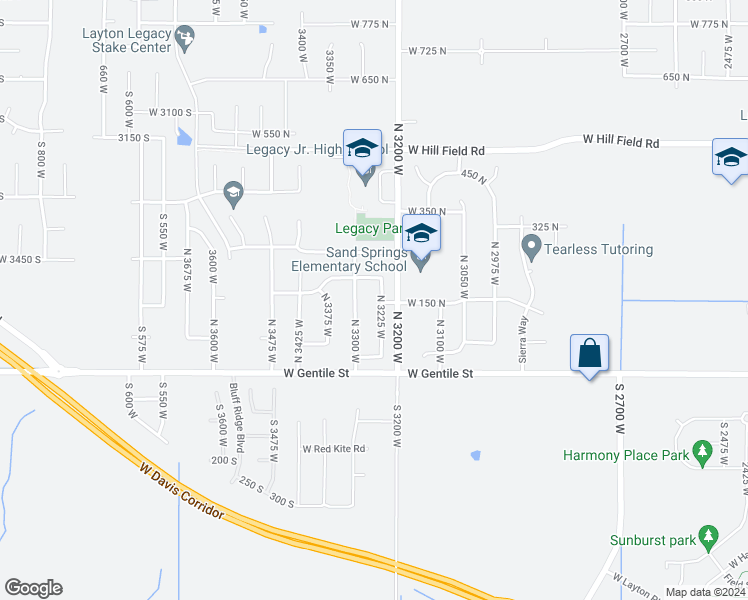 map of restaurants, bars, coffee shops, grocery stores, and more near 163 North 3225 West in Layton
