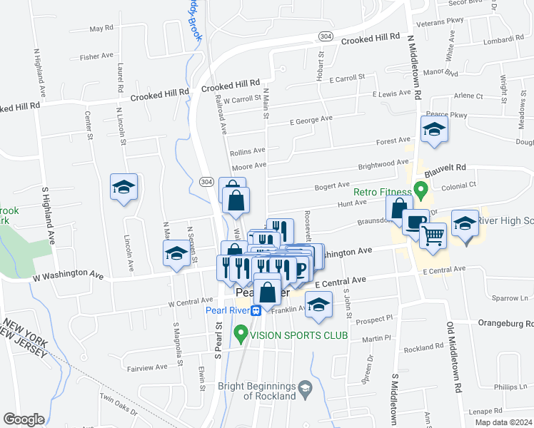 map of restaurants, bars, coffee shops, grocery stores, and more near 96 North Main Street in Pearl River