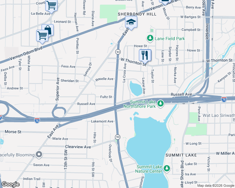 map of restaurants, bars, coffee shops, grocery stores, and more near 1343 Manchester Road in Akron