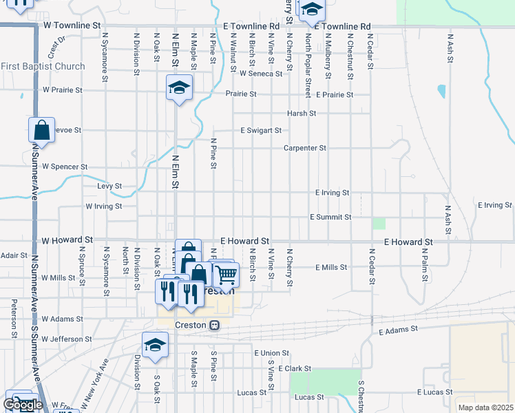 map of restaurants, bars, coffee shops, grocery stores, and more near 501-599 North Birch Street in Creston