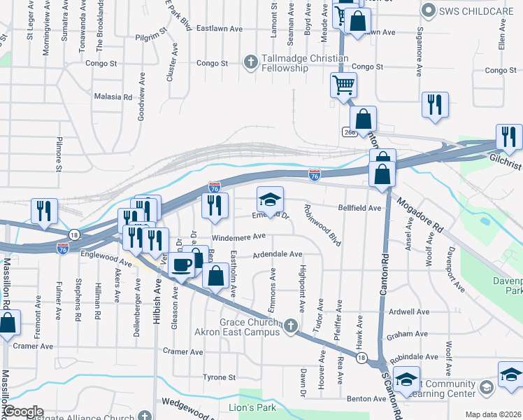 map of restaurants, bars, coffee shops, grocery stores, and more near 2265 Emerald Drive in Akron