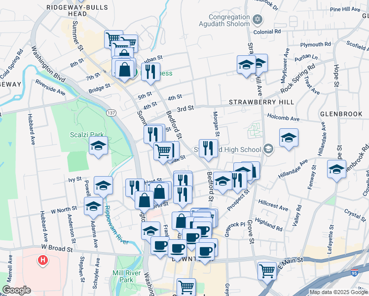 map of restaurants, bars, coffee shops, grocery stores, and more near 1200 Bedford Street in Stamford