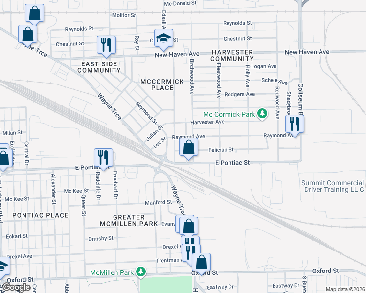 map of restaurants, bars, coffee shops, grocery stores, and more near 2500 Perth Street in Fort Wayne