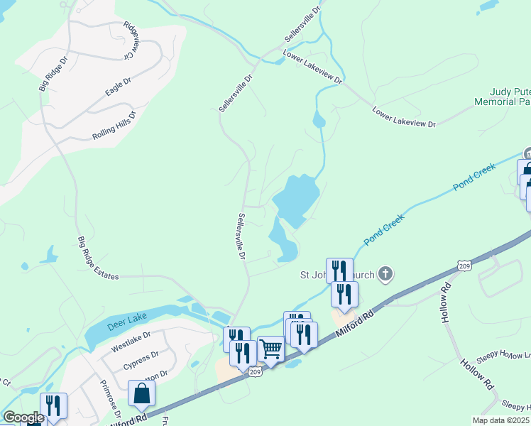 map of restaurants, bars, coffee shops, grocery stores, and more near Orchard Lane in East Stroudsburg