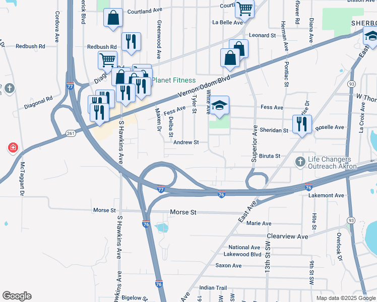 map of restaurants, bars, coffee shops, grocery stores, and more near 997 Biruta Street in Akron