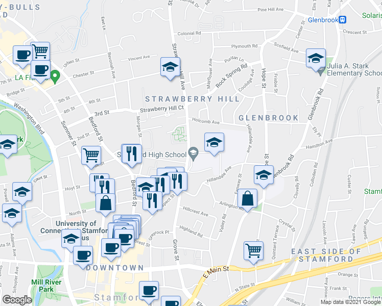 map of restaurants, bars, coffee shops, grocery stores, and more near 55 Strawberry Hill Avenue in Stamford