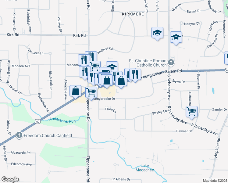 map of restaurants, bars, coffee shops, grocery stores, and more near 3307 Canfield Road in Youngstown
